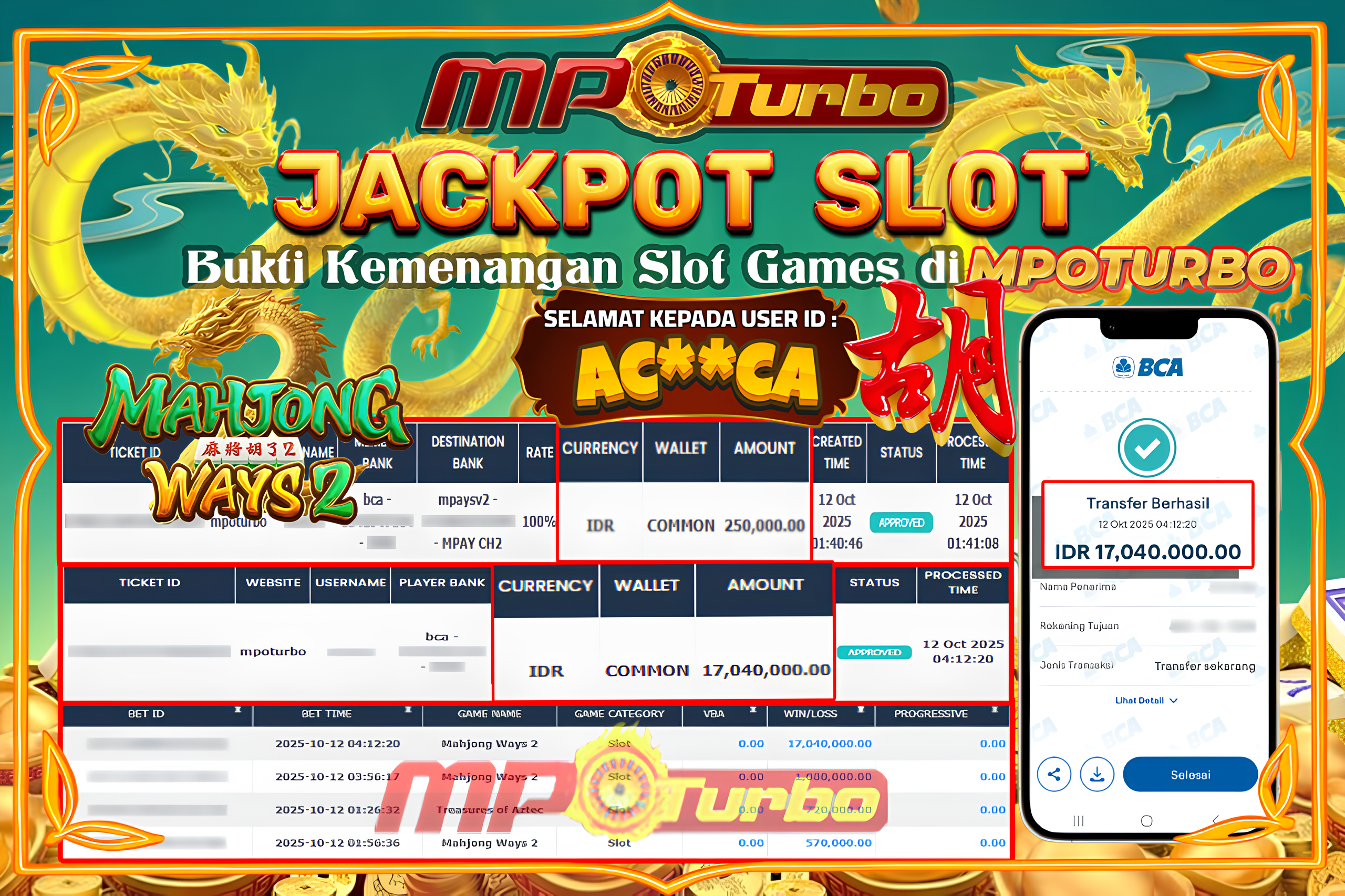 MPOTURBO JACKPOT SLOT MAHJONG WAYS 2 - PG SOFT Rp 17,040,000.00,- LUNAS